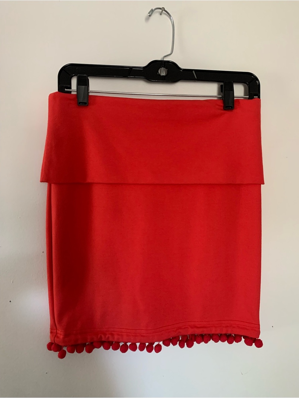 Buckle Red Mini Skirt with Pom-Pom Trim